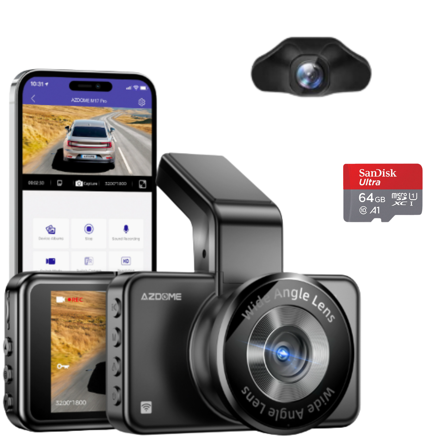 Azdome dashbordkamera inkl bakkamera og 64 GB minnekort
