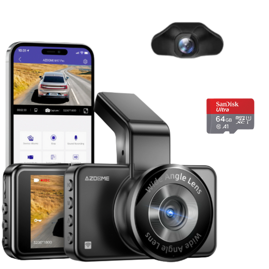 Azdome dashbordkamera inkl bakkamera og 64 GB minnekort